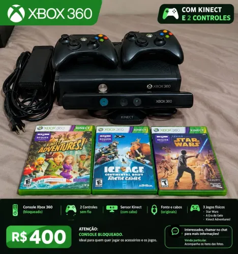 XBOX 360 COM KINECT + 2 CONTROLES + 3 JOGOS