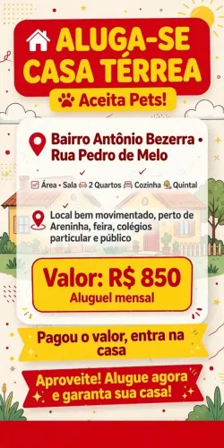 Casa em baixo para alugar no bairro antonio bezerra perto de tudo , a rua Pedro de melo