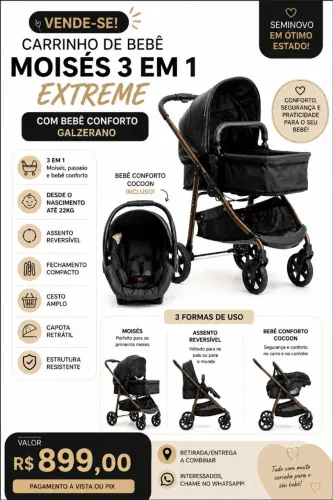 Carrinho de Bebê Moisés 3 em 1 Galzerano Extreme + Bebê Conforto Cocoon - Seminovo