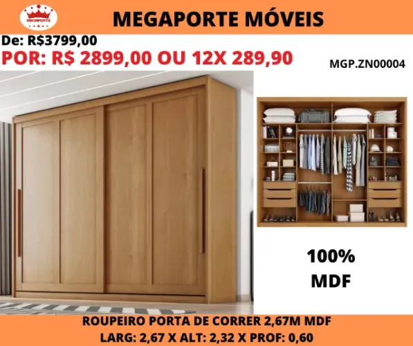 Guarda Roupa Casal Portas de Correr MDF 2,67