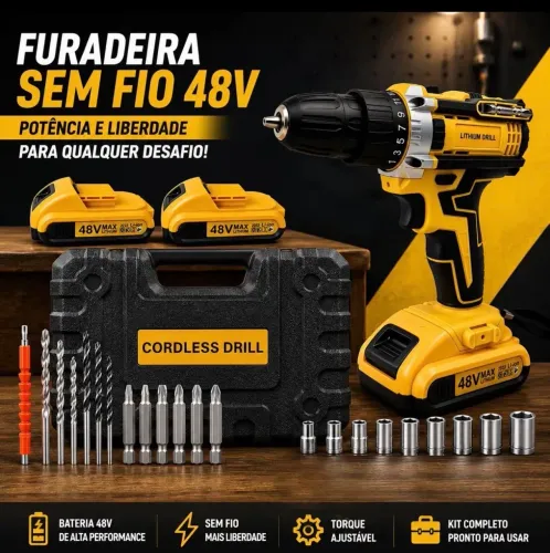 Furadeira Parafusadeira 48V Sem Fio + Maleta e Acessórios