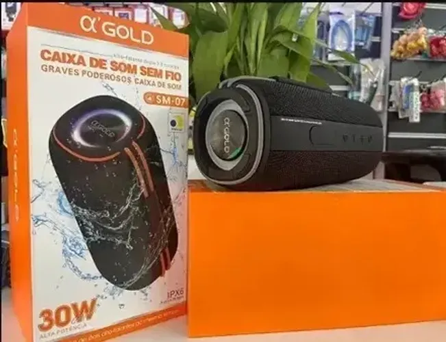 Caixa de Som 30w Duplo Falante Resistente a água com Alça para Transporte e Led RGB
