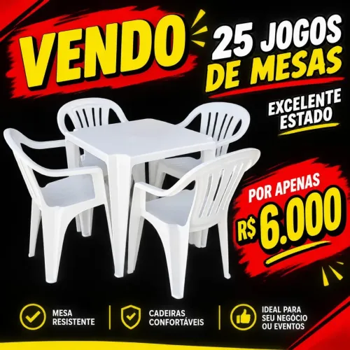 Vendo 25 jogos de mesa de plástico com cadeira com apoio de braço