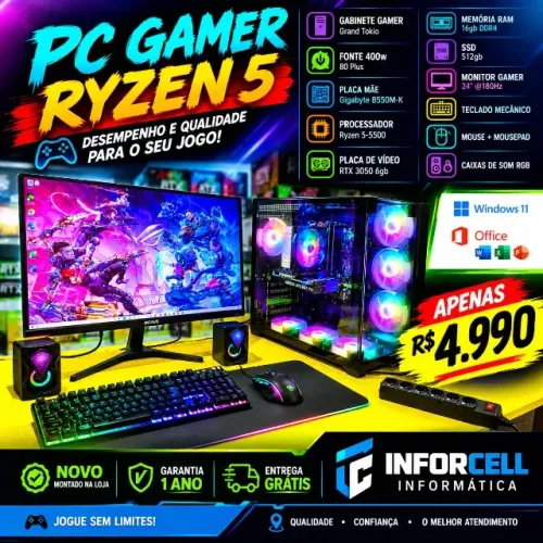 Pc Gamer Ryzen 5-5500 Placa Vídeo RTX 3050 16gb Ram Ssd 512 Tela 24 180Hz