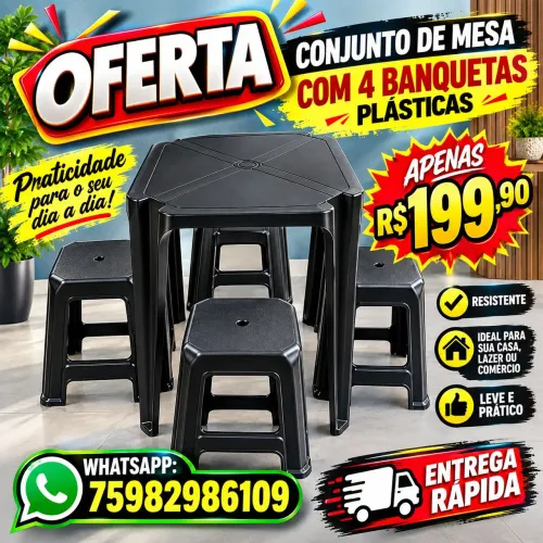 Conjunto de mesa com 4 banquetas plásticas