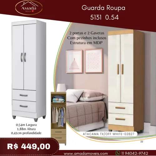 Guarda roupa solteiro 5131 , à pronta entrega