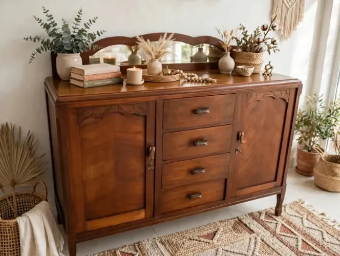 BUFFET VINTAGE ANOS 50 - Madeira com espelho original no frontão
