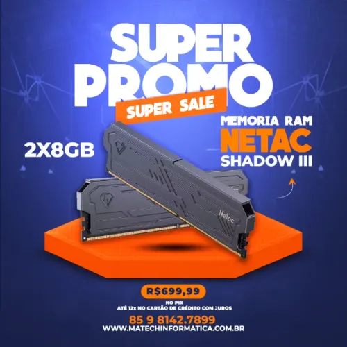 Memória RAM DDR4 Netac Shadow III 16GB (2x8GB) 3200MHz