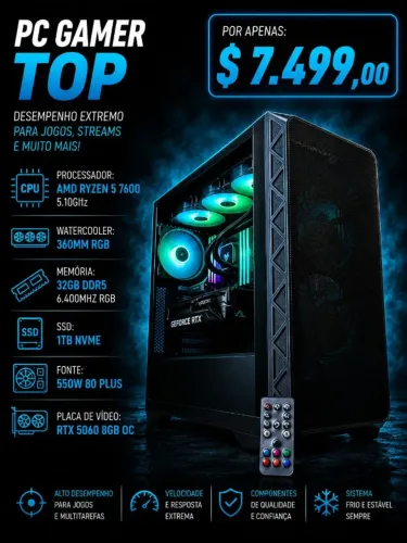 [AM5] PC Gamer Ryzen 5 7600 5.1Ghz / Mem 32Gb / SSD 1Tb / RTX 5060 8Gb (aceito cartão)