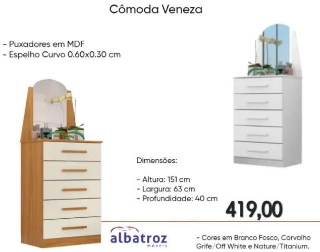 Cômoda Veneza 5 gavetas com Espelho - R$419,00 ENTREGA HOJE !!!
