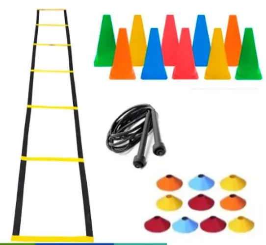 Kit Funcional Circuito Escada + 10 Pratos Chinês + 10 Cones (18cm) + Corda pular z081