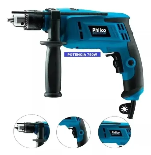Furadeira de Impacto 750w 2800rpm Profissional Cor Azul 220V Philco Pfu02 com Empunhadura
