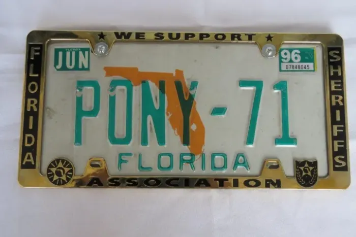 DECORAÇÃO - PLACA de Automóvel da FLORIDA PONY-71, parafusada em uma MOLDURA metálica