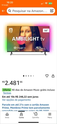 TV 50 polegadas Ambilight + suporte parede projetado