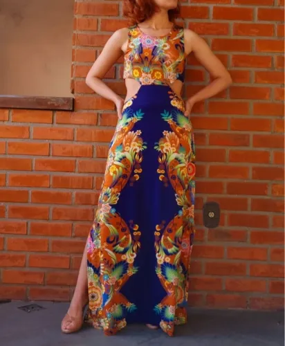 farm rio vestido longo ornada azul mandalas coloridas floral