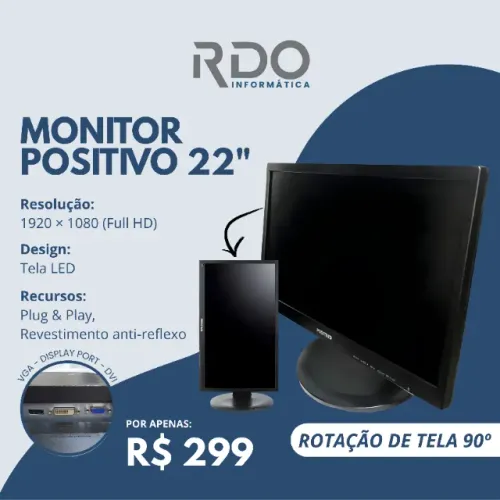 Monitor Positivo 22" Full HD 1920x1080 | LED | VGA/DVI/HDMI - Econômico Ideal Escritório!