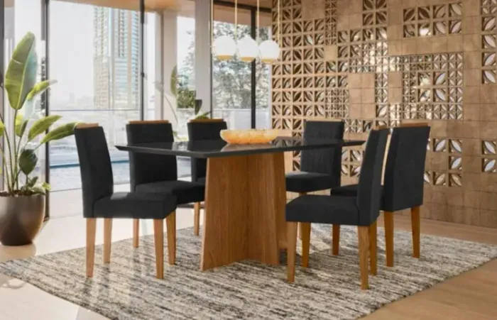Mesa Jantar 6 Lugares c/ Cadeiras Veludo Preto/Pés Madeira