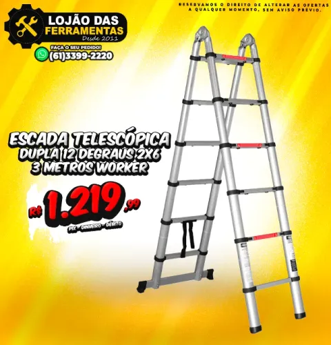 Escada Telescópica Dupla 12 Degraus 2x6 3 Metros Worker