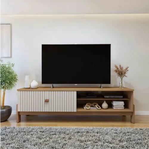Rack Bancada Ouro Preto Larg. 1.64m Cinamomo/Off C/Detalhe Frisado para TV até 65" rf655