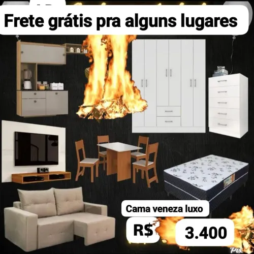 Armário de Cozinha + Painel + Sofá Retrátil + Mesa 4 Cadeiras + Cômoda + Guarda Roupa 