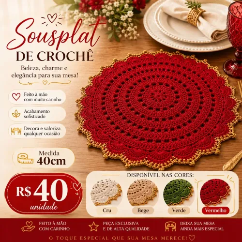 Sousplat de Crochê vermelho, unidade, Americano de crochê, 40cm, mesa posta