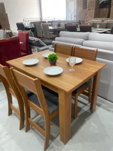 Mesa Retangular Rústic Tampo de Madeira Com 4 Cadeiras 