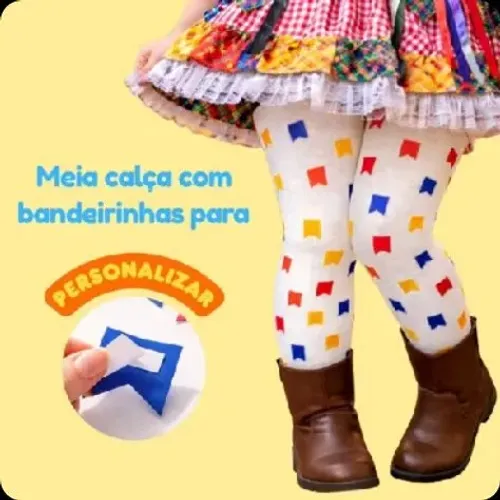 Meia Calça Festa Junina - Aplique de Bandeirinha - Bebê /Infantil/Juvenil - 1 ao 14