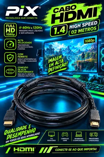 Cabo HDMI PIX 1.4 High Speed 02Metros Full HD 1080p @ 60Hz & 120Hz Com Ferrite