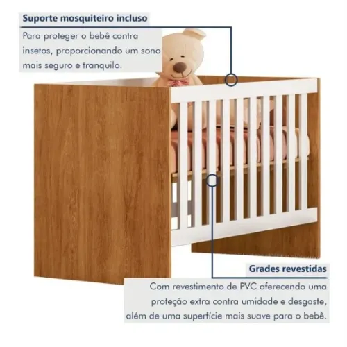 Berço C/Regulagem de Altura 100% Mdf Soft Americano Branco/Amadeirado
