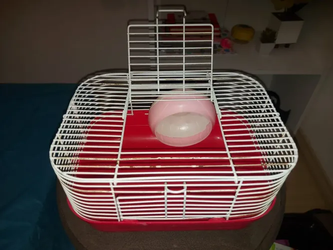 Gaiola pequena para hamster, contém roda giratória para exercício.
