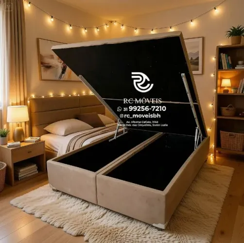 Cama Box Baú Queen 1,58x1,98 Bipartido Pistão a Gás Corino Caramelo