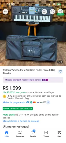 TECLADO YAMAHA PSR-E223 COM FONTE ORIGINAL