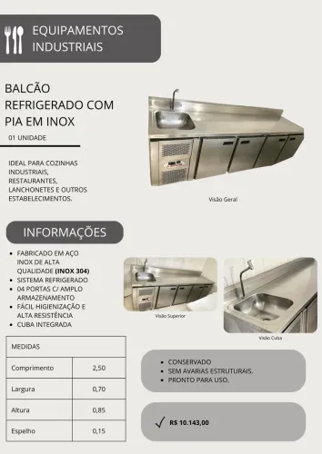 Balcão Refrigerado com Pia em Inox - 4 Portas