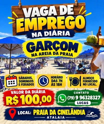 Vaga de emprego na diária, Praia da Cinelândia!