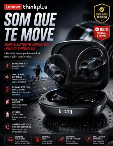 Fone Bluetooth Lenovo ThinkPlus Original | Bluetooth 5.3 | Display LED | Esportivo