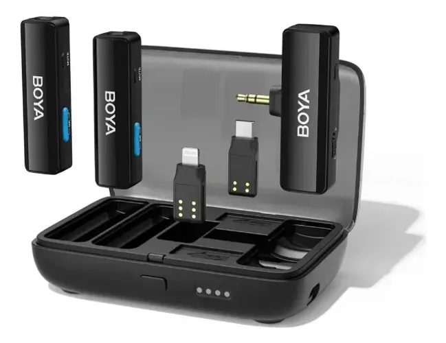 Microfone Lapela Sem Fio Duplo Boya Link + Case Recarga