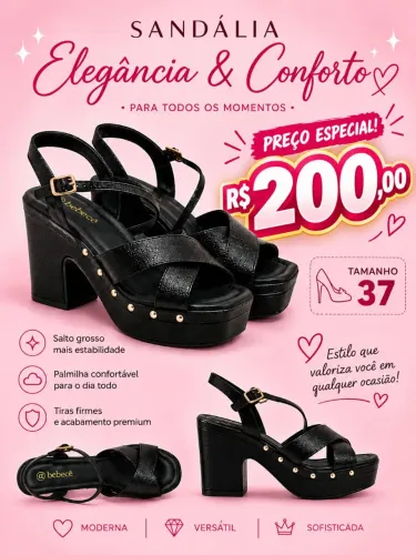 Sandália Feminina Preta Salto Grosso - Elegante e Confortável