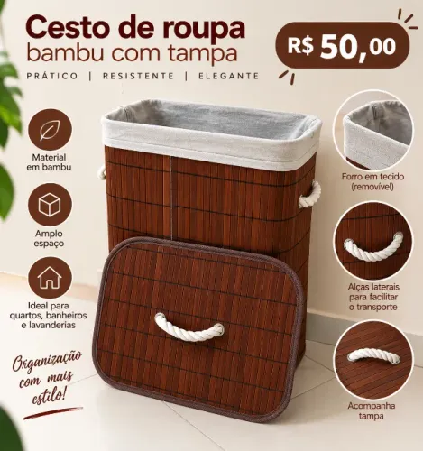 Cesto De Roupa Bambu Com Tampa