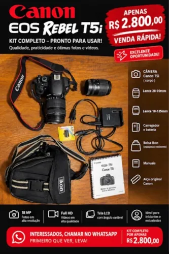 Canon T5i 18MP + Lentes 28-90 e 18-135 + Cartão 32GB