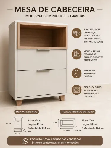 Mesa de Cabeceira MDF 2 Gavetas com Amortecedor e Nicho 