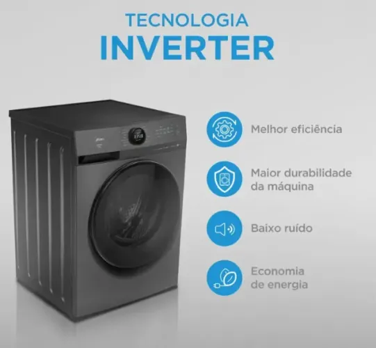 Lavadora de Roupas Midea Slim 11kg HealthGuard Smart Inverter Água Fria e Quente Titanium