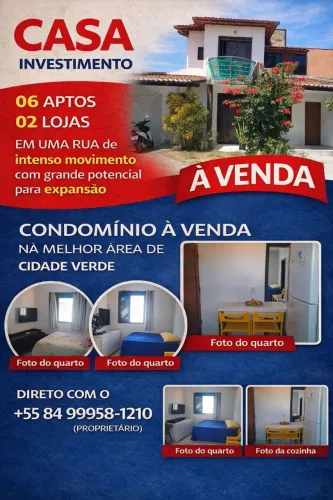 VENDO CASA INVESTIMENTO.C/6APTOS+2 LOJAS. GERANDO 6.000/MES. ÁREA NOBRE DE CIDADE VERDE.