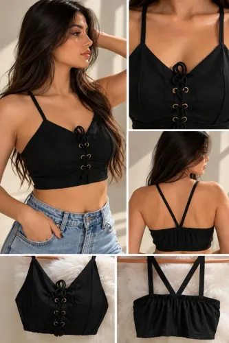 Cropped Feminino Preto com Amarração Frontal e Ilhós - Tam. PP Brechó