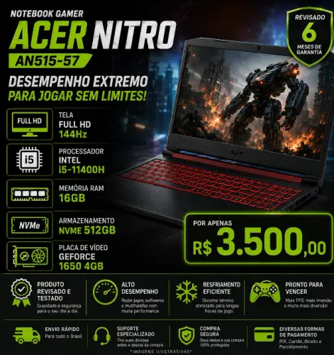 NOTEBOOK GAMER ACER NITRO / CPU i5 / 16GB RAM / NVME 512GB / GPU 1650 4GB