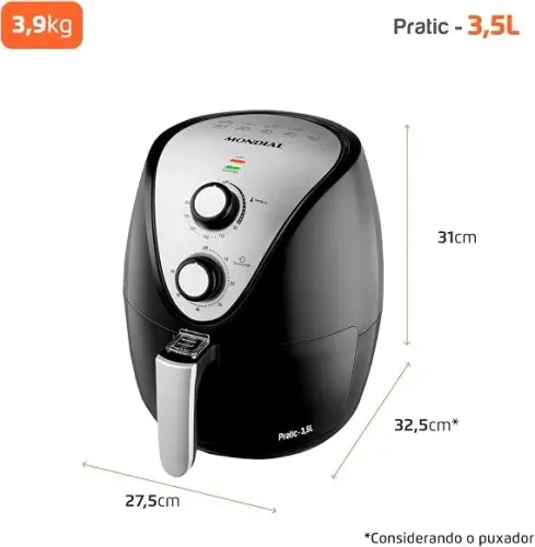 MONDIAL Fritadeira Sem Óleo Air Fryer 3,5L, Preto/Inox, 1500W, 110V - PRODUTO NOVO