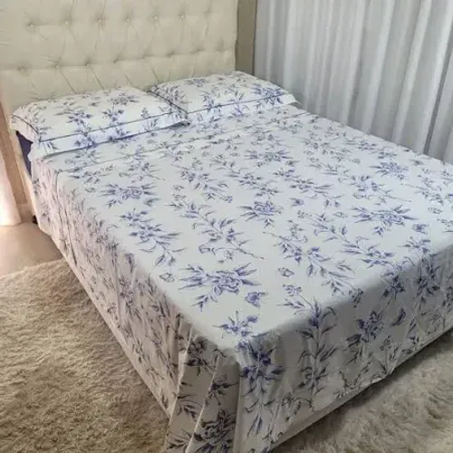Jogo de Cama Azul Floral 4 pçs 200 fios Queen