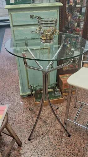 Mesa Alta Bistrô Cozinha Pé x Cromada com Tampo  de Vidro grosso Redondo 93 ler descrição 