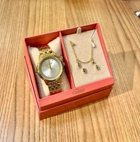Kit Relógio Condor Feminino Dourado Elegante Presente