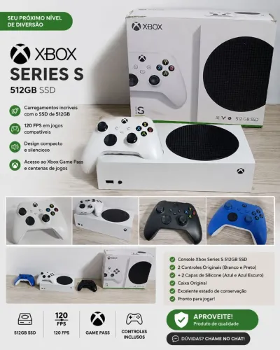 Xbox Series S, com caixa e 3 controles