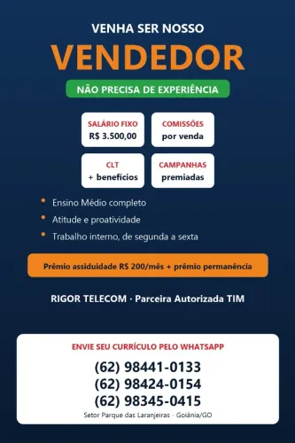 Vendedor interno CLT - sem experiência - salário R$ 3.500 + comissões